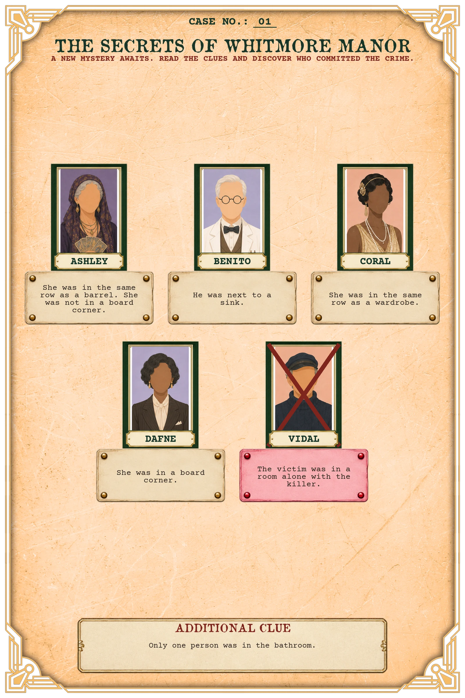 CASE FILE NO. 001: The Secrets of Whitmore Manor — Rules and clues in text